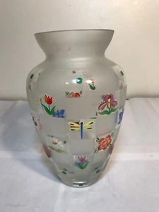 BEAUTIFUL FROSTED CHECKERED HAND PAINTED FLOWERS BEES VASE 8.5" - Picture 1 of 6