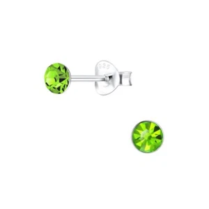 4mm Round Crystal Silver Stud Earrings - Peridot - 925 Sterling Silver - Picture 1 of 1
