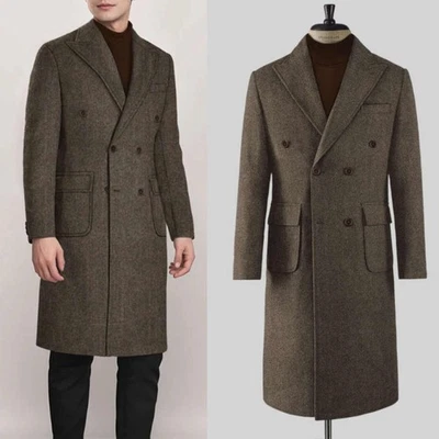 Men's Brown Herringbone Long Coat Double Breasted Overcoat Warm Windproof Custom - Image 1 of 4