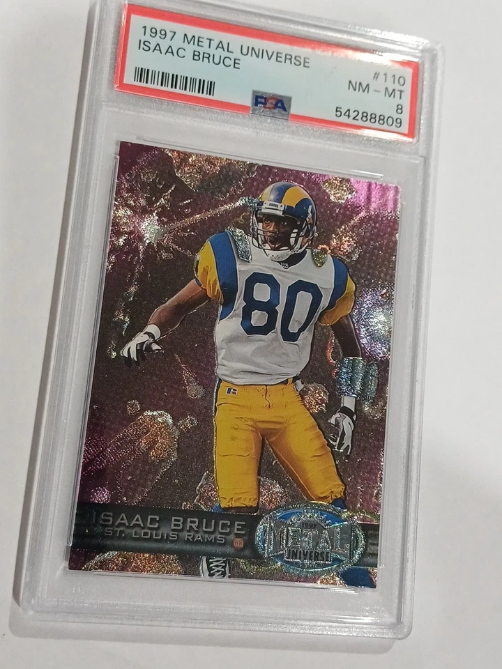 1997 Skybox Metal Universe - Isaac Bruce #110 PSA 8 POP 1 ! St. Louis Rams HOF - Image 1 of 4