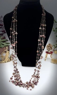 Collar largo vintage de 5 hilos de cobre de perlas de agua dulce de 14 k con cierre deslizante Foto 1 de 4