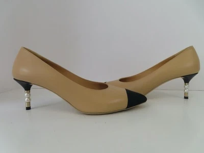 CHANEL Beige Leather/Black Grosgrain Pointed Toe Faux Pearl Pumps 40.5/US 10.5 - Image 1 of 4