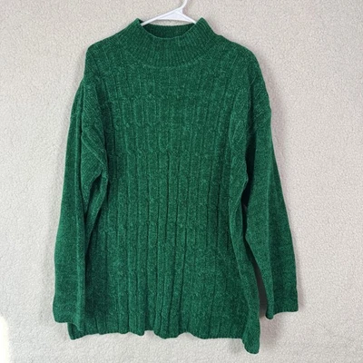 Yarnworks Chenille Womens XL Tall Green Chunky Knit Pullover Soft Acrylic Cozy - Image 1 of 4