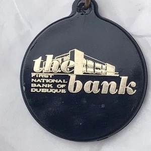 First National Bank Dubuque Iowa Keychain Vintage Key Fob Logo Black Gold - Picture 1 of 5