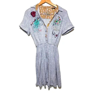 Desigual Embellished Shirt Dress Women's 44 XL Striped Embroidered Art to Wear - Picture 1 of 3