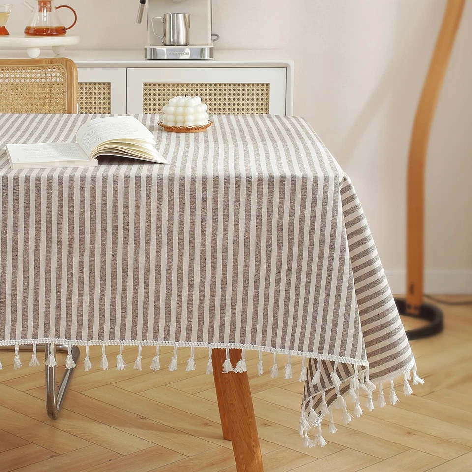 Mantel de mezcla de algodón, cubierta rectangular a rayas con flecos, marrón Foto 1 de 4