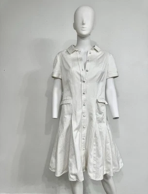 Vestido Camisa Chado Ralph Rucci Blanco Seda Algodón con Falda Acampanada Talla 8 Se Ajusta a XS/S Foto 1 de 4