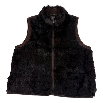 Chaleco de piel negro para mujer Nina Leonard marrón cremallera trasera estilo de lujo talla XL Foto 1 de 4
