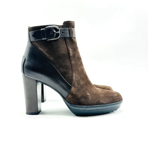 Tods Boots Womens 5.5 Brown Suede Ankle Heels Buckle Italian Vintage - Picture 1 of 13