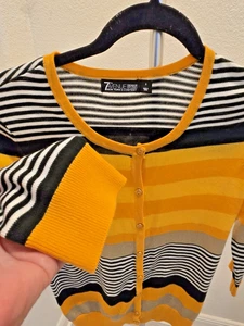 NY&Co 7th Ave Women's S Striped Cardigan, Yellow Black White Knit Unique Sweater - Picture 1 of 6