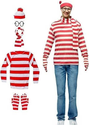 Disfraces de Halloween con gafas Where’s Waldo a rayas rojas y blancas para hombres adultos Foto 1 de 3