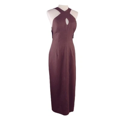 VTG Geary Roark Kamisato Maxi Dress Brown Linen Cocktail Halter Cross USA  12 - Image 1 of 4