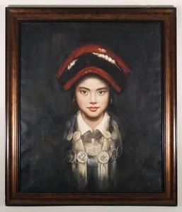 Ölporträt Miao Stamm weibliche traditionelle Kleidung im Stil von Zhang Li 21x24" - Bild 1 von 9