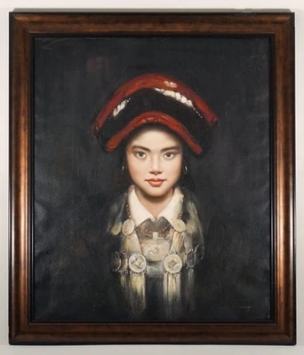 Vestido tradicional femenino retrato al óleo tribu Miao al estilo de Zhang Li 21x24" Foto 1 de 4