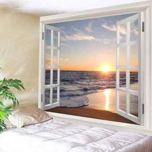 3D Ocean Window Tapestry – Sunset Beach Landscape Wall Hanging (60x80") - Picture 1 of 1