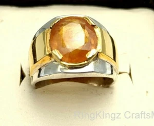 Solid 925 Sterling Topaz Mens Ring Natural Gemstone Handmade Real Pukhraj Size 9 - Picture 1 of 6