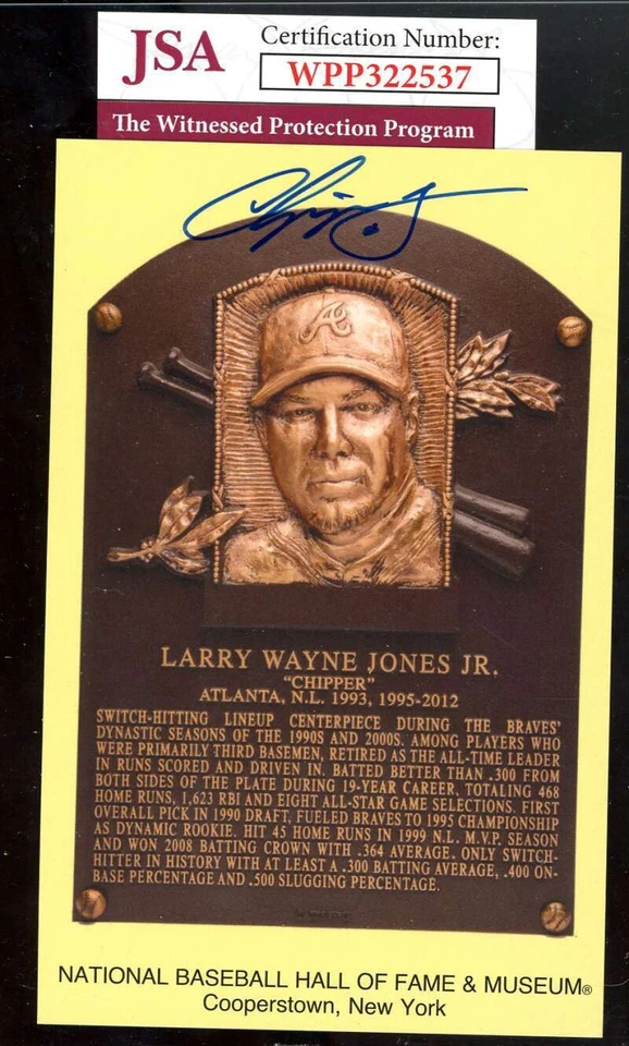 Chipper Jones JSA Coa Signed Gold Hall of Fame Plaque Autograph Postcard - Image 1 of 1