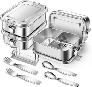 850Ml 4 Pack Stainless Steel Bento Box Containers with Lids Forks & Spoons - Picture 1 of 12