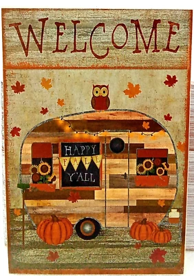 Camper Happy Fall Y'all Block Sign Black Orange Red Owl Pumpkins Sunflowers Leaf - Image 1 of 4