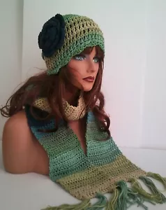 GREEN BLUE MULTI HAND CROCHET FLOWER HAT AND SCARF SET BEANIE SKULL SKI CAP TAM - Picture 1 of 6