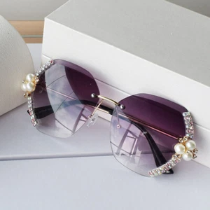 Trending Luxury Rhinestone Designer Sunglasses Women Rimless Oversized Shades - Picture 1 of 14