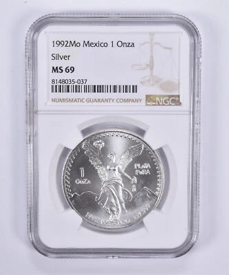 1992 Mo Mexico 1 Onza Silver Libertad MS69 NGC Brown Label - Image 1 of 4