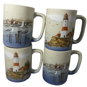 Otagiri Faro Nautico Villaggio Mare 4 Tazze Caffè Tazza Tè Vintage Gabbiano - Foto 1 di 13