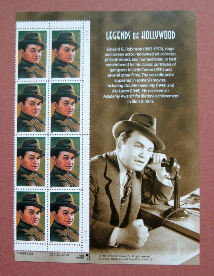 Sc # 3446 ~ Side Panel Plate # Block ~ 33 cent  Edward G. Robinson Issue (bg19) - Image 1 of 1