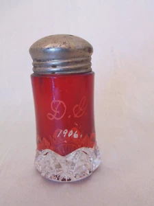 Antique 1906 Ruby Flash EAPG Glass Salt Shaker Single Etched Initials D G - Picture 1 of 4
