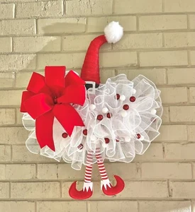 Christmas Elf Hat For Front Door Elf White And Red Christmas Wreath #1298 - Picture 1 of 7