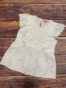 Womens S Lily Pulitzer Embroidered Peasant Top Blouse Pom Pom Trim Poplin - Picture 1 of 7