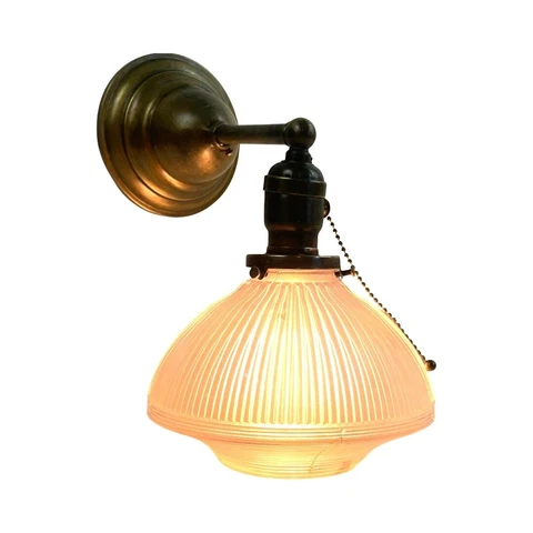 Antique c1905 Craftsman Brass Sconce Industrial 7in Holophane Shade Restored Cover