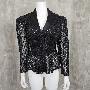 Vintage 80er 90er L.A. Glo Damen schwarz Pailletten Schößchen Smoking formeller Abend Blazer - Bild 1 von 7