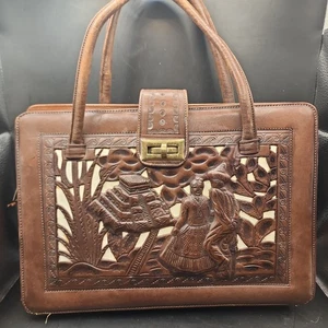 Borsa a mano vintage in pelle lavorata calendario Maya azteco messicano borsa marrone boho sat - Foto 1 di 3