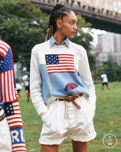 £349 Ralph Lauren Womens White Jumper Sweater American Flag Cotton S-M - Picture 1 of 14