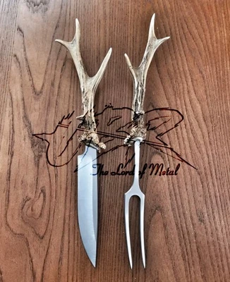 UBR CUSTOM HANDMADE HIGH CARBON STEEL BBQ FORK AND KNIFE WITH STAG HORN ANTLER - Image 1 of 3