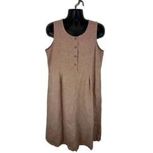 LL Bean Linen Cotton Blend Tank Dress Brown White Size 14 Sleeveless Minimalist - Picture 1 of 11