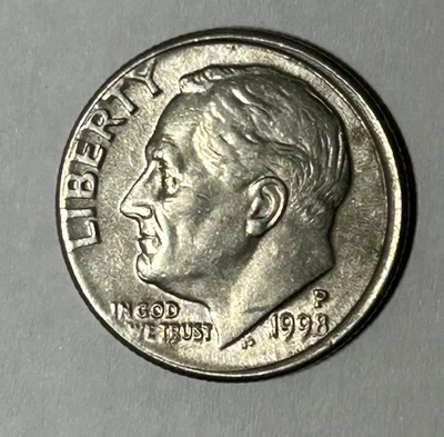 1998 P Roosevelt Dime Error, Out If Collar/ Railroad Rim.   #UA163 - Image 1 of 3