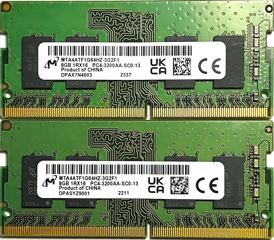 Micron 16GB (2x 8GB) 1Rx16 PC4-3200AA-SC0-13 DDR4 SDRAM MTA4ATF1G64HZ-3G2F Foto 1 de 1