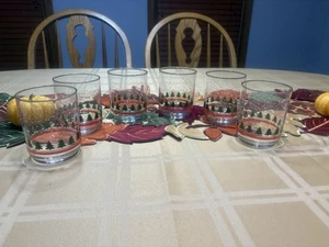 6er Set Libbey 4" Doppel Altmodische Gläser Pinien Schnee & rotes Band - Bild 1 von 3