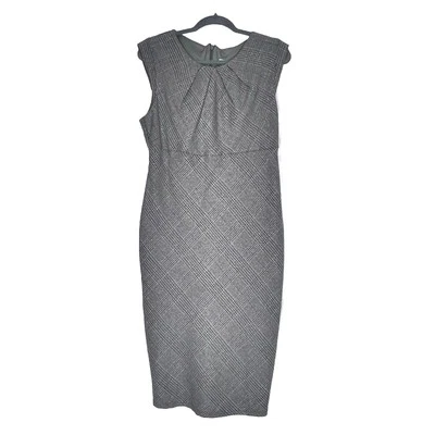Classic Pencil Dress Sz 12 Gray Plaid Pleated Transitional Business Casual Work  - Image 1 of 4