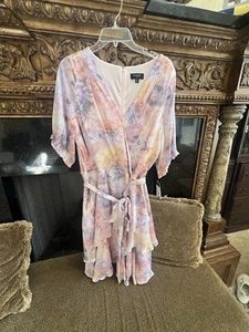 NUEVO Vestido Tahari Para Mujer 16 Negro Salmón Púrpura Floral Seda Volantes Corbatas en la Cintura - Imagen 1 de 7