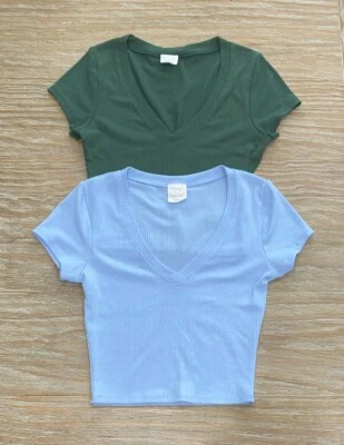 Lote Top Corto Manga Corta Para Mujer Full Tilt Acanalado Cuello en V Talla Xs Azul Foto 1 de 4