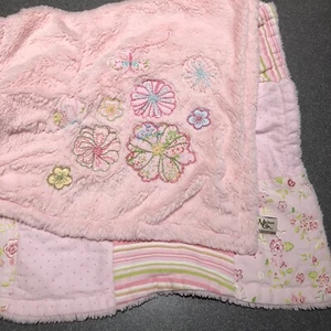 Maison Chic Pink Baby Blanket Plush Patchwork Squares Embroidered Flowers - Picture 1 of 4
