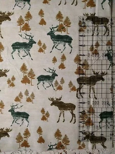 Moose Woodland Trees Forest Green Brown Snuggle Cotton Flannel Fabric New 21x43" - Picture 1 of 3