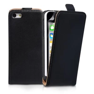 BLACK Real Leather Flip Case Cover without card slot clip for Apple iPhone 5/5S - Picture 1 of 3