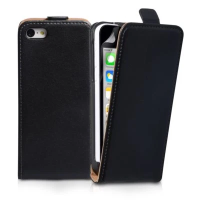 BLACK Real Leather Flip Case Cover without card slot clip for Apple iPhone 5/5S - Image 1 of 3