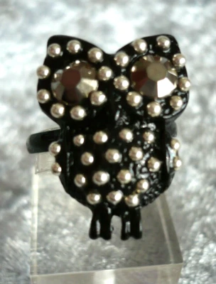 kleine EULE Folklore Schmuck Ring schwarz silber STRASS NEU - Bild 1 von 3