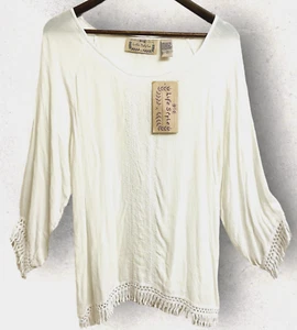Life Style Shirt Womens Medium Boho Gauzy White Fringed 3/4 Sleeves Lightweight - Picture 1 of 9