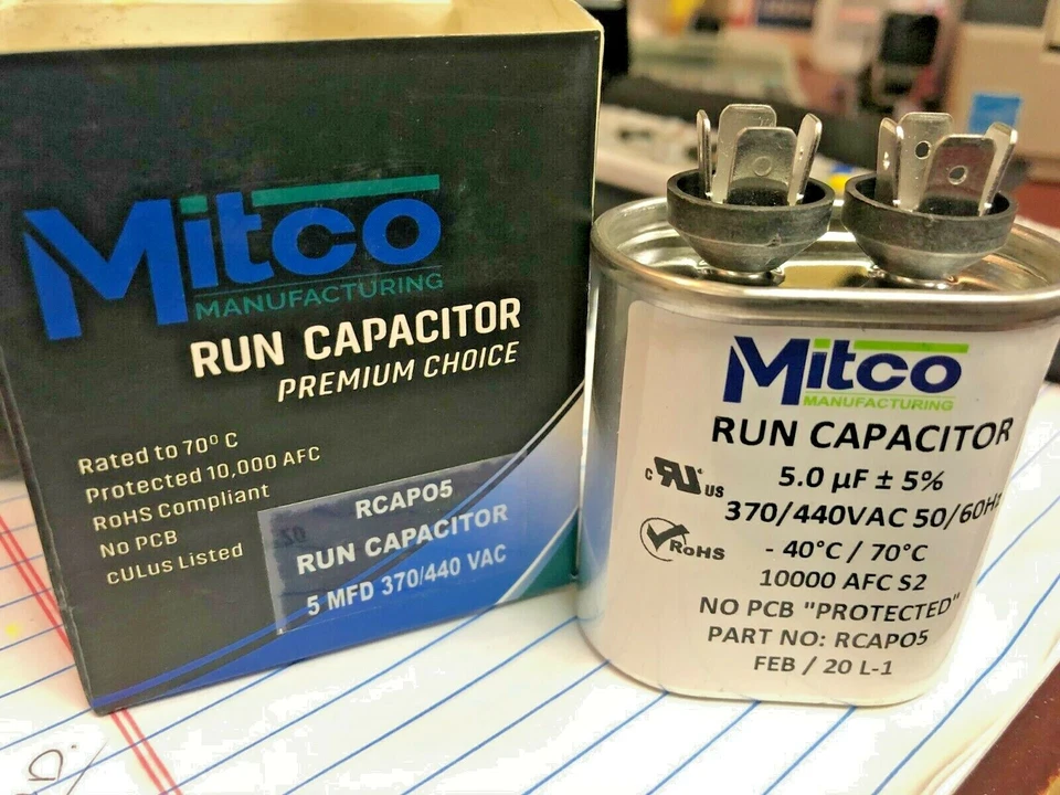 Capacitor, Motor, Run, 5 MFD x 370/440 VAC Oval Mitco Part# RCAP05